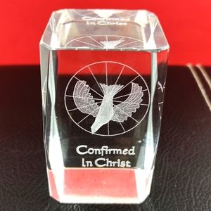 Crystal Laser Etched Religious Dove Bird Memento / Paperweight, Beveled Edges